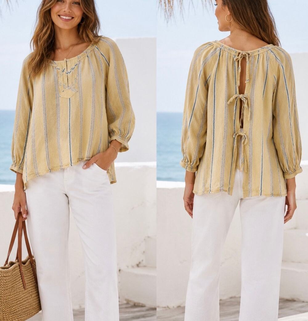Madewell Linen Blend Striped Peasant Top Yellow Boho open Tie back vacation S